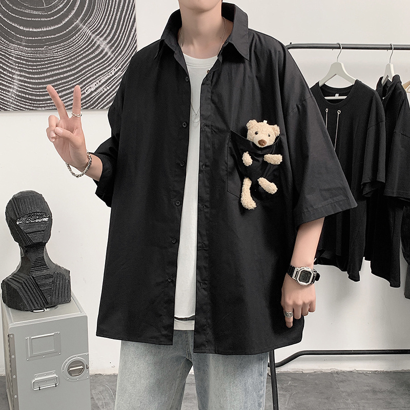 【2 Colors】M-2XL Couple Shirts Casual Loose Shirts Korean Tops Pocket Bear Short-sleeved Shirt Men's Trend Ins Youth Korean Version of the Trend Loose Casual Half-sleeved Couple's Shirt