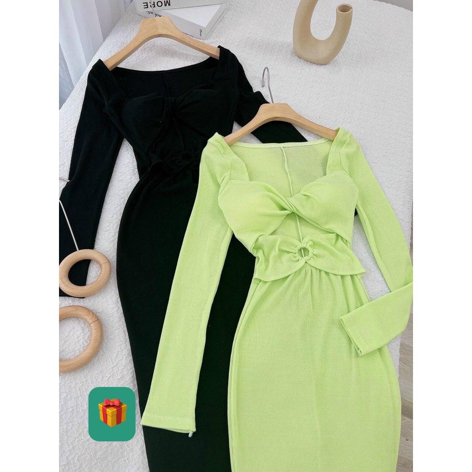 Đầm tay dài cổ vuông xoắn ngực khoen eo dáng dài ôm body cực xinh , chất thun gân dày dặn