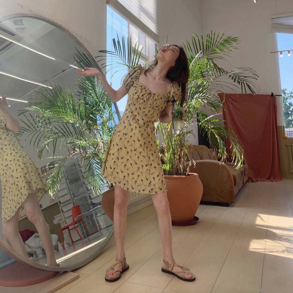Đầm Nữ Ngắn Tay Cổ Vuông In Hoa Thời Trang Hàn