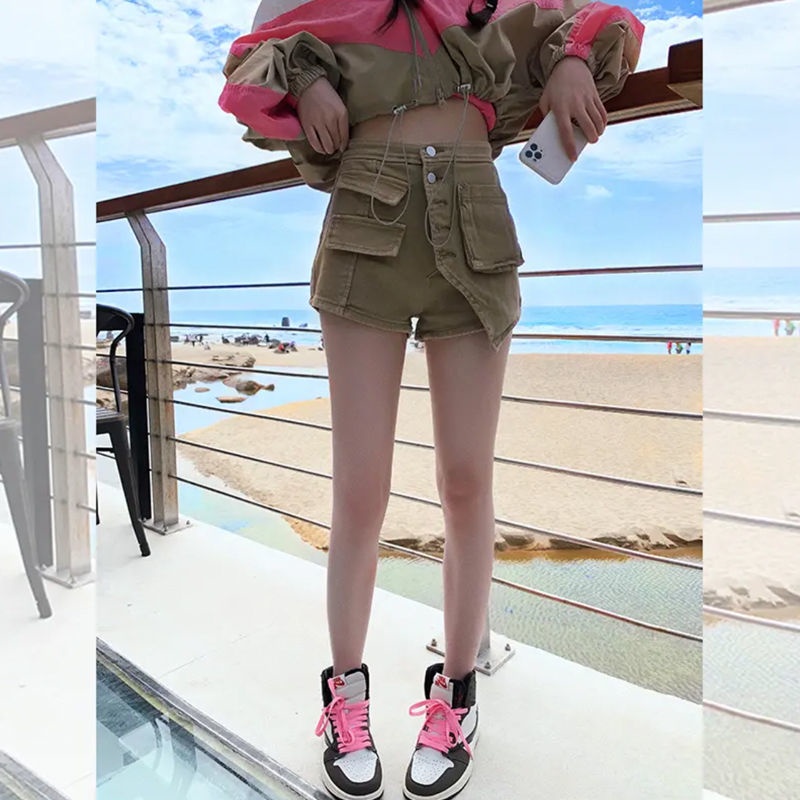 Jiashucheng Influencer Áo Ngắn Giả Váy Denim Eo Cao Dáng Ôm Sát Giả Hai Mảnh Bất Đối Xứng Phong Cách Jiashucheng W