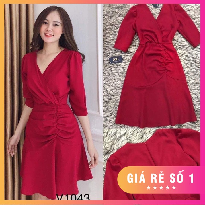 ĐẦM ĐỎ NHÚN CỔ V ĐỦ SIZE S,M,L,XL,XXL - V1043