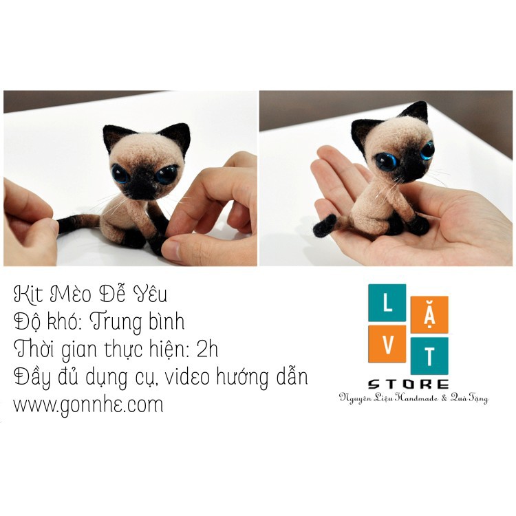 [Có Video Hướng Dẫn] Bộ Len Chọc Làm Mèo Xiêm Quý Tộc - Needle Felting Cat - Handmade, diys