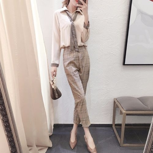Bộ đồ hai mảnh nữ áo sơ mi dài tay voan hàn quốc cực chấtW