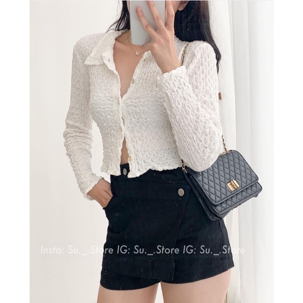 áo croptop cổ v dài tay vải nhăn thời trang