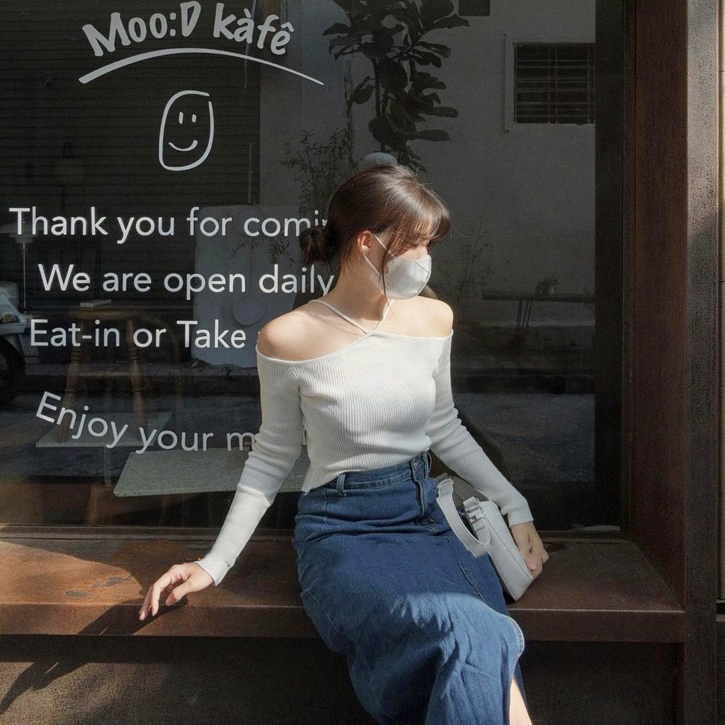 [FREESHIP] Áo len tăm trễ vai phối dây cách điệu (hàng QC) - Ảnh thật