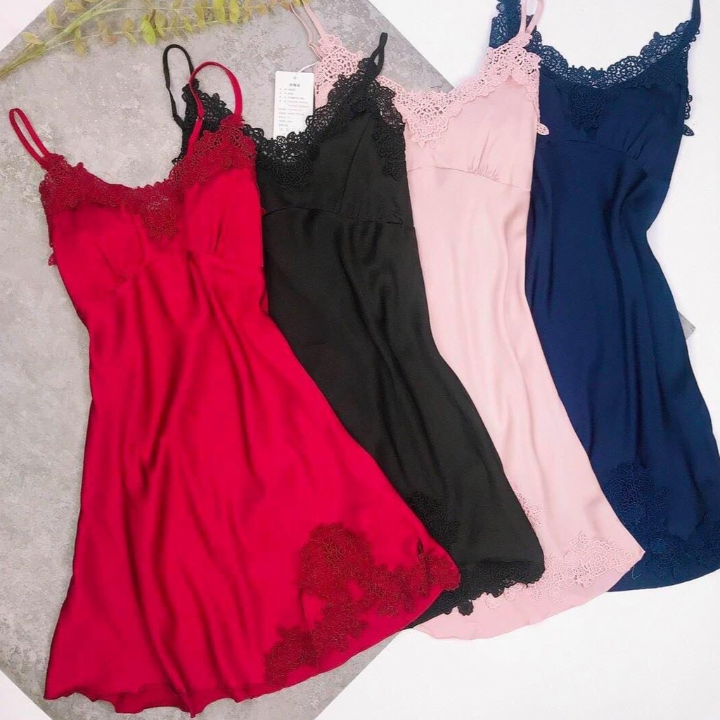 Váy ngủ lụa sexy hai dây ren hoa hồng ngực ren lai gợi cảm có kèm mút ngực (màu đỏ)