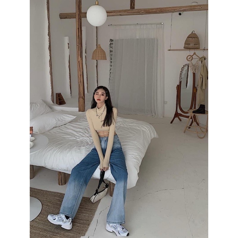 Quần bò ống rộng loang nữ quần jeans nữ cạp cao hót 2021 Pink Apricot Shop | BigBuy360 - bigbuy360.vn