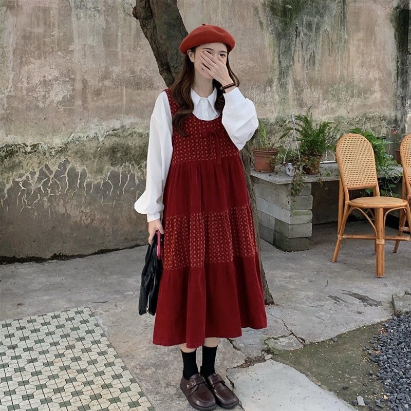 Đầm Yếm Hai Mảnh Màu Đỏ Phong Cách Giáng Sinh Retro Thời Trang Thu Đông Cho Nữ