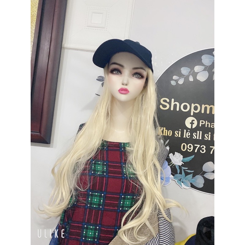 tóc giả gắn mũ kết đen xoăn dài
