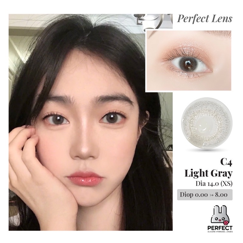 Lens Ảnh Mắt Thật, C4 Light Gray Perfect Lens, dia 14.0, kính áp tròng xám không giãn, có độ cận, không viền
