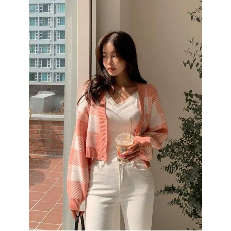 MS834 Áo khoác len kẻ caro viền trắng dáng vừa