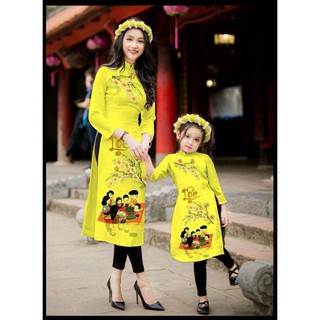 Áo Dài Cách Tân MẸ VÀ BÉ cổ trụ họa tiết LỘC tết sum vầy màu vàng,,