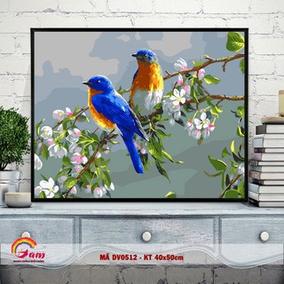 Tranh sơn dầu kỹ thuật số tự tô màu DIY - Mã DV0512 Đôi chim trên cành hoa mùa xuân Tranh con vật động vật