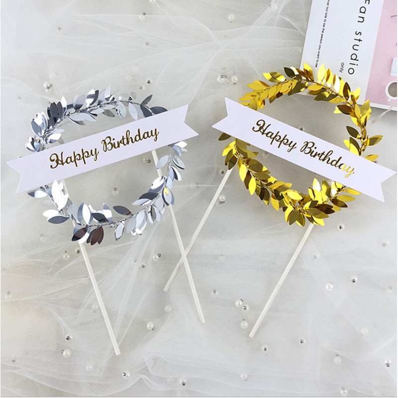 vòng nguyệt quế happy birthday trang trí bánh kem