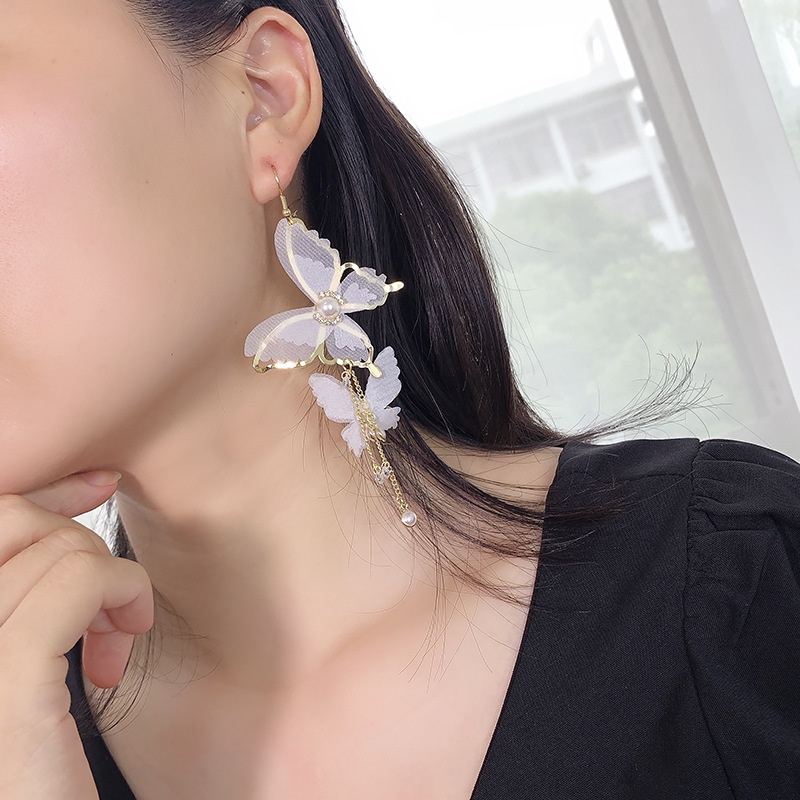 Bông Tai Mạ Bạc 925 Dáng Dài Phối Tua Rua Hình Bướm Phong Cách Hàn Quốc Mới 2022