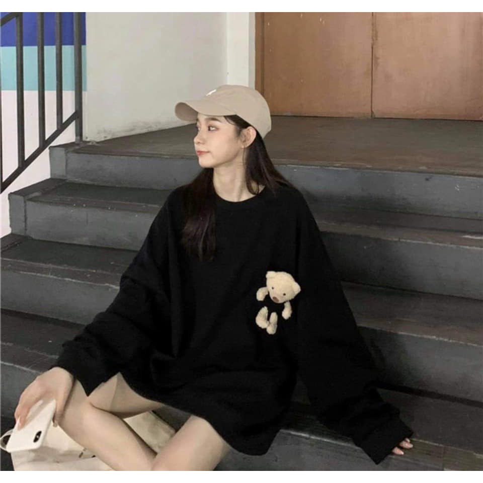 Áo Thun Da Cá TEDDY BEAR Nữ [FREESHIP] 🌸 Phông dài tay oversize dáng rộng phối túi gấu màu ĐEN | TRẮNG | TÍM Ulzzang 🌸 | BigBuy360 - bigbuy360.vn