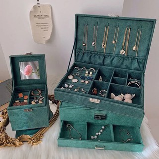 Hộp đựng trang sức, nữ trang phụ kiện vòng nhẫn hoa tai nhiều ngăn có khóa, chất liệu nhung sang chảnh