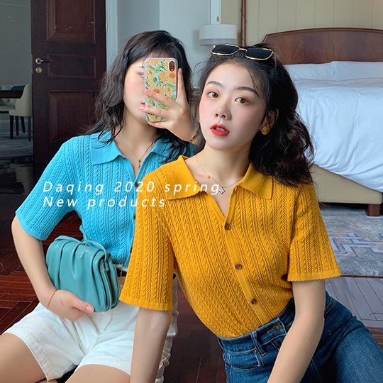 Áo Cardigan Dệt Kim Tay Ngắn Dáng Rộng Cổ Polo Phong Cách Hàn Quốc Thời Trang Cho Nữ | BigBuy360 - bigbuy360.vn