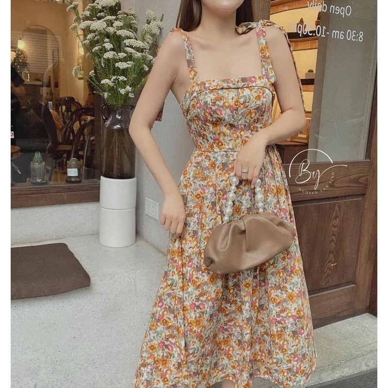 Đầm maxi hoa nhí hai dây thắt nơ vai tiểu thư có cup đệm ngực siêu xinh, Váy kiểu nữ đi biển dáng dài hàng đẹp | BigBuy360 - bigbuy360.vn