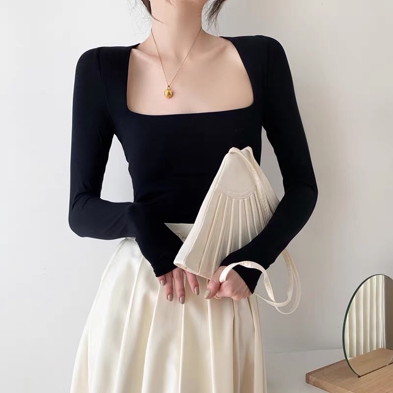 Áo thun nữ 2 lớp dài tay cổ vuông ôm body basic dễ phối đồ