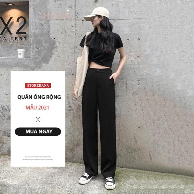 Quần suông ống rộng lưng cao nữ - Dáng dài - 2 Màu TÍM - ĐEN - Chất vải tuyết mưa mềm mại - Phối đồ siêu xinh - KEM ANH