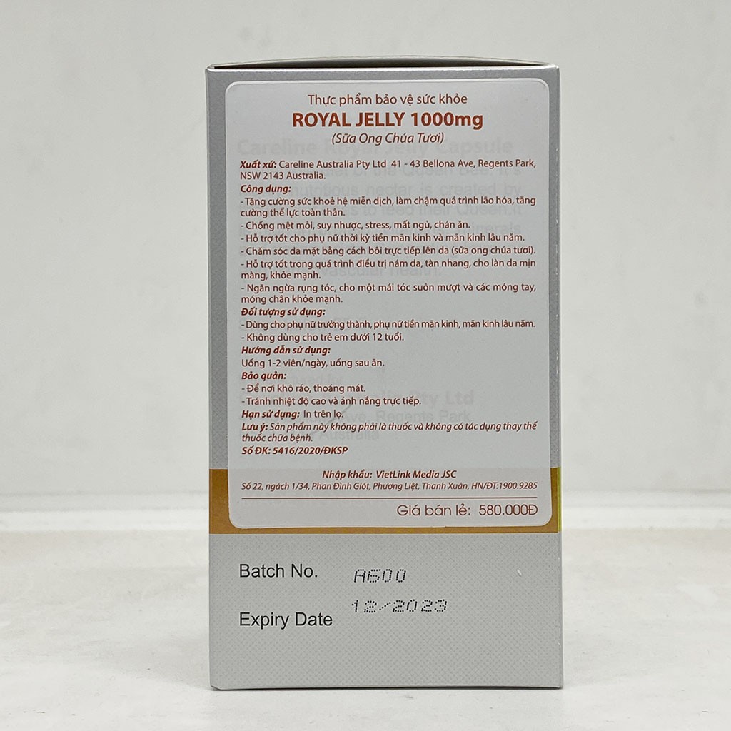 Sữa ong chúa Úc Careline Royal Jelly 1000mg hộp 100 viên - Cải thiện sức khỏe, giữ lại tuổi thanh xuân