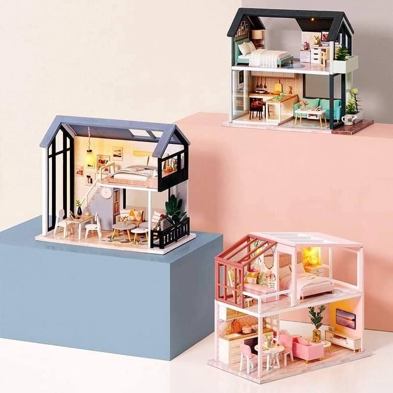 Bộ Mô Hình Nhà Gỗ TÍ Hon DIY : Những Căn Nhà Có Gác Mái Dễ Thương - Tặng Keo Rán