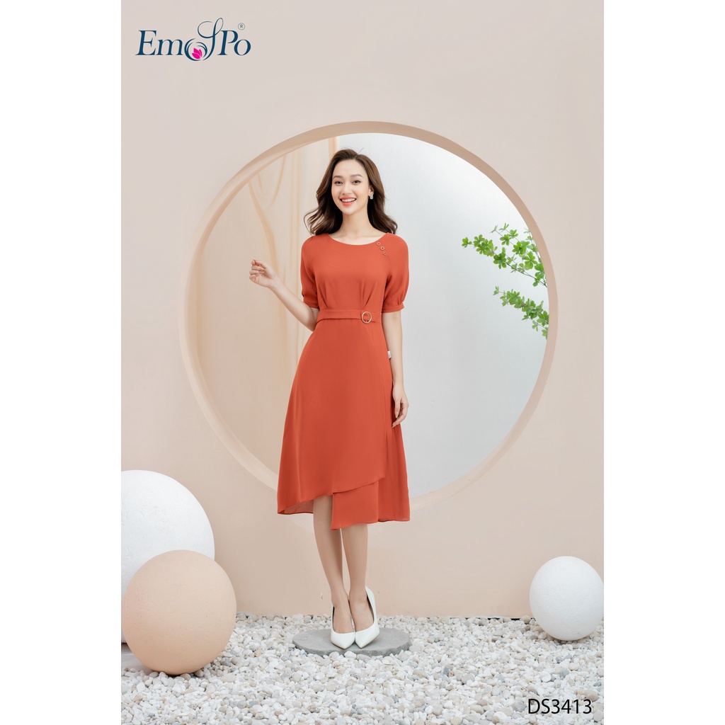 Đầm xòe, tà lệch 2 tầng, đai eo thân trước trang trí mặt tròn Emspo DS3413