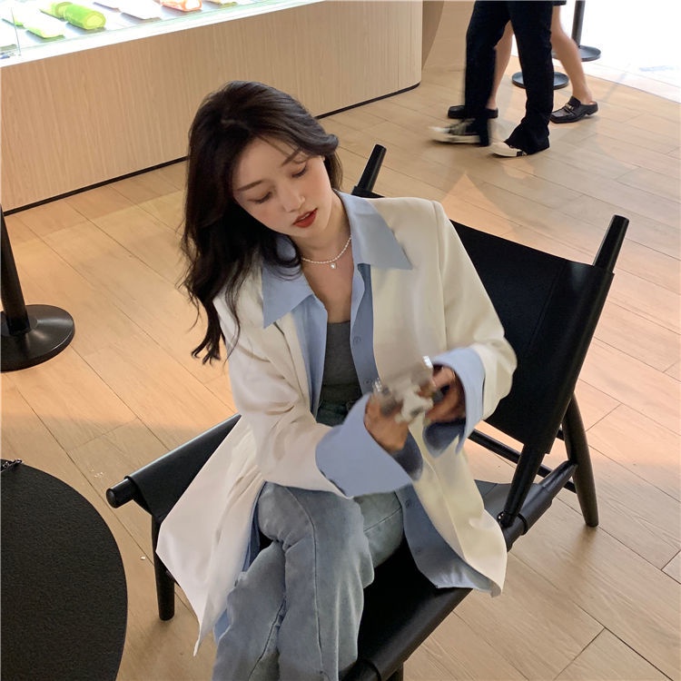 Áo khoác giả hai lớp tay dài dáng rộng thời trang mùa thu phong cách Hàn Quốc cho nữ