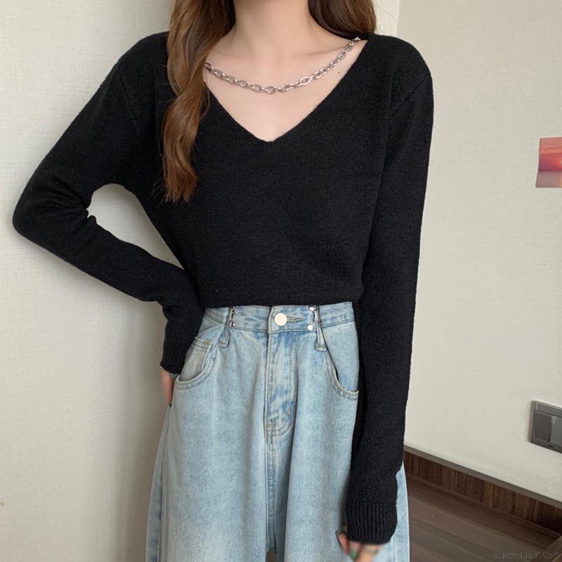 Áo Croptop Tay Dài Cổ Chữ V Phong Cách Hàn Quốc