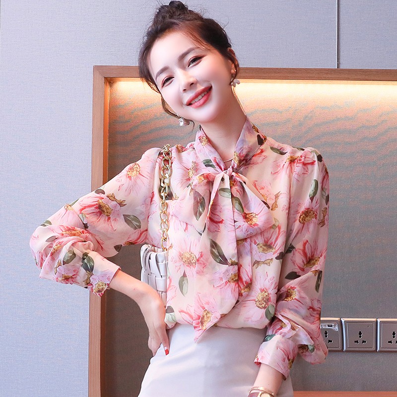 Áo sơ mi voan hoa cổ nơ dịu dàng thanh lịch size từ 40 – 65kg ulzzang (Hàng oder chuẩn hình 100%) 020321