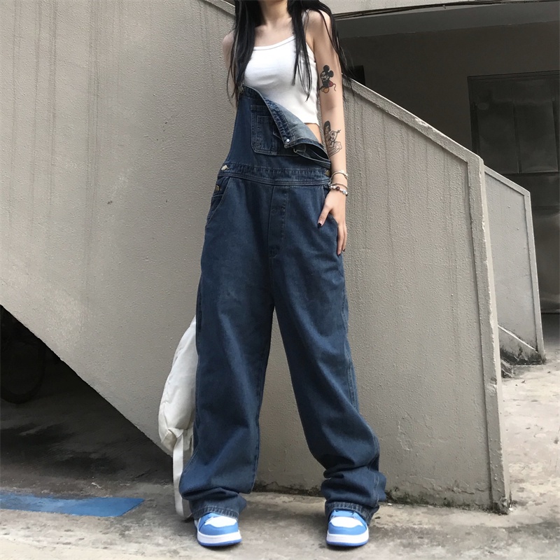 Quần yếm denim ống rộng phong cách Hàn Quốc cá tính dành cho nam và nữ 198575