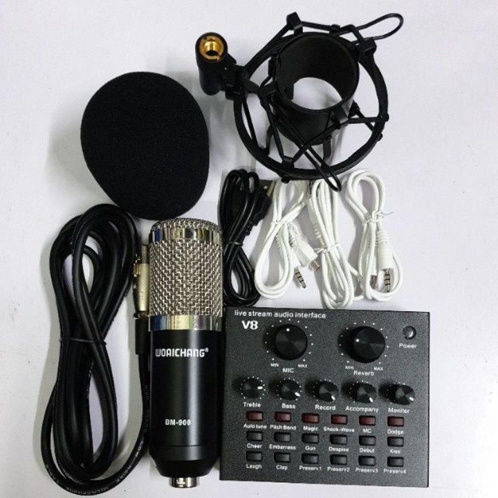 Combo Soundcard V8 AQTA Chính Hãng Bluetooth + Mic Karaoke Livetream BM 900, Có AutoTune Chuẩn Phòng Thu