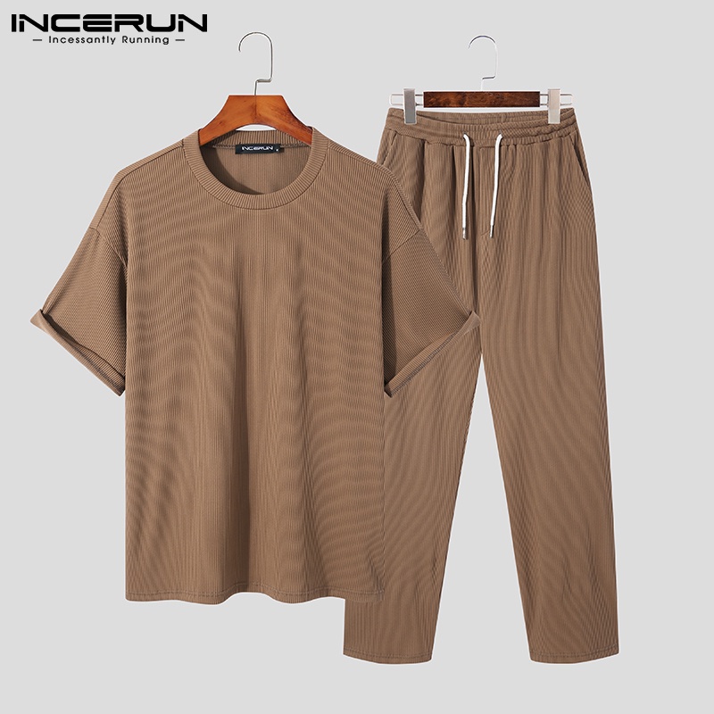 Set đồ thể thao INCERUN gồm áo thun tay ngắn cổ tròn + quần dài lưng thun dang rộng giản dị dành cho nam