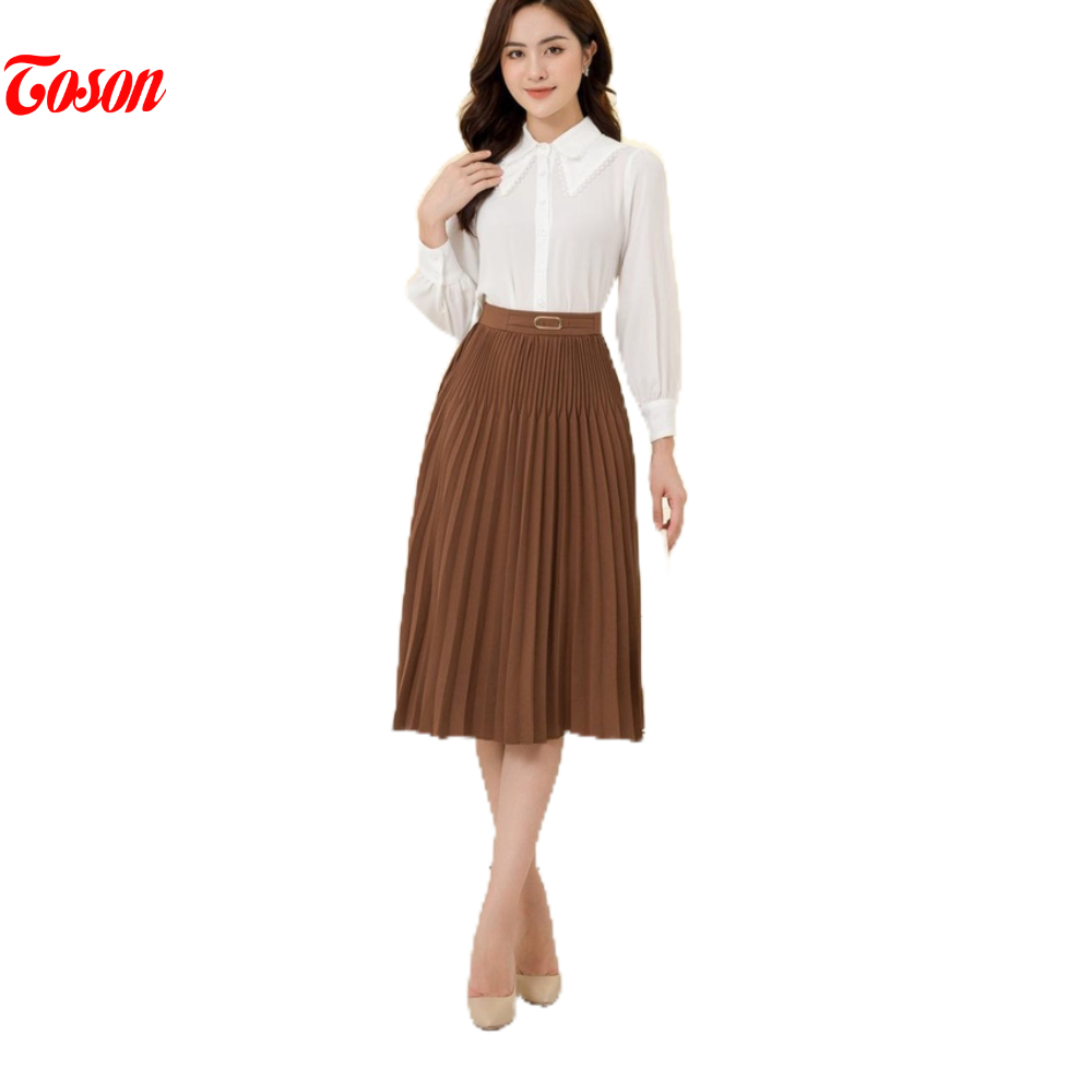 Chân váy nâu cafe mango dập ly xòe to nhỏ, cạp phối đai  Toson 37555N52
