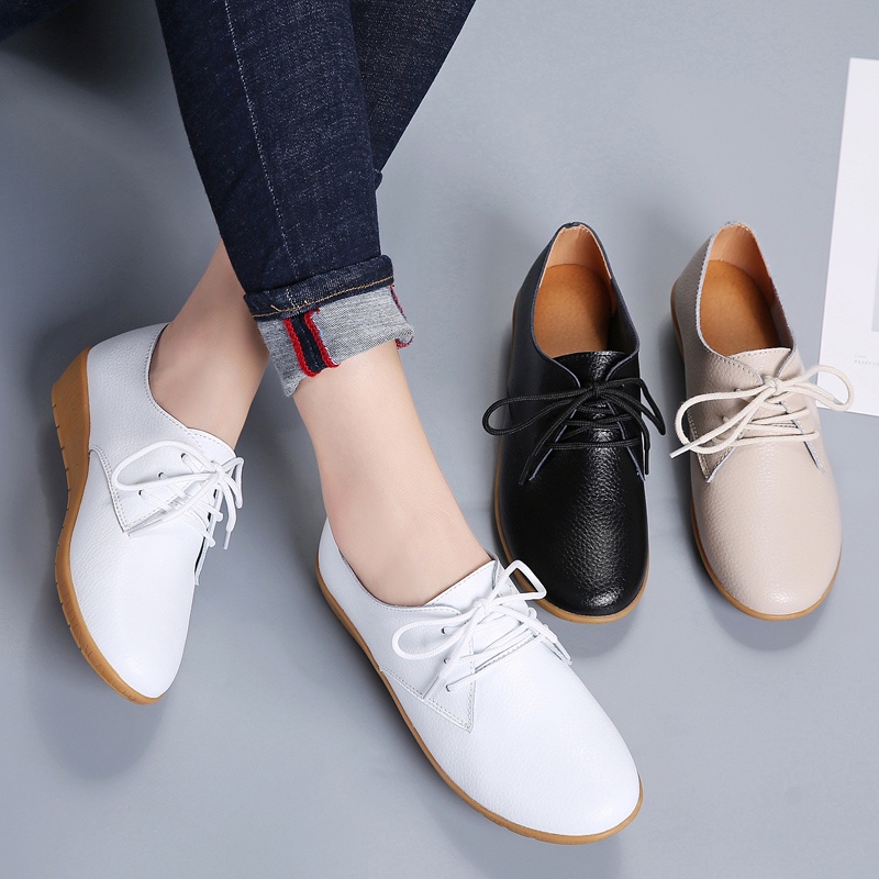 Giày Thể Thao Da Đế Bằng Thắt Dây Năng Động Hợp Thời Trang Cho Bạn Gái