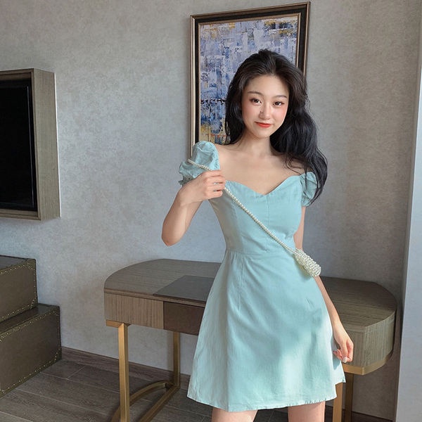 Đầm Dáng Chữ A Tay Phồng Cổ Vuông Màu Xanh Bạc Hà Phong Cách Pháp Ngọt Ngào