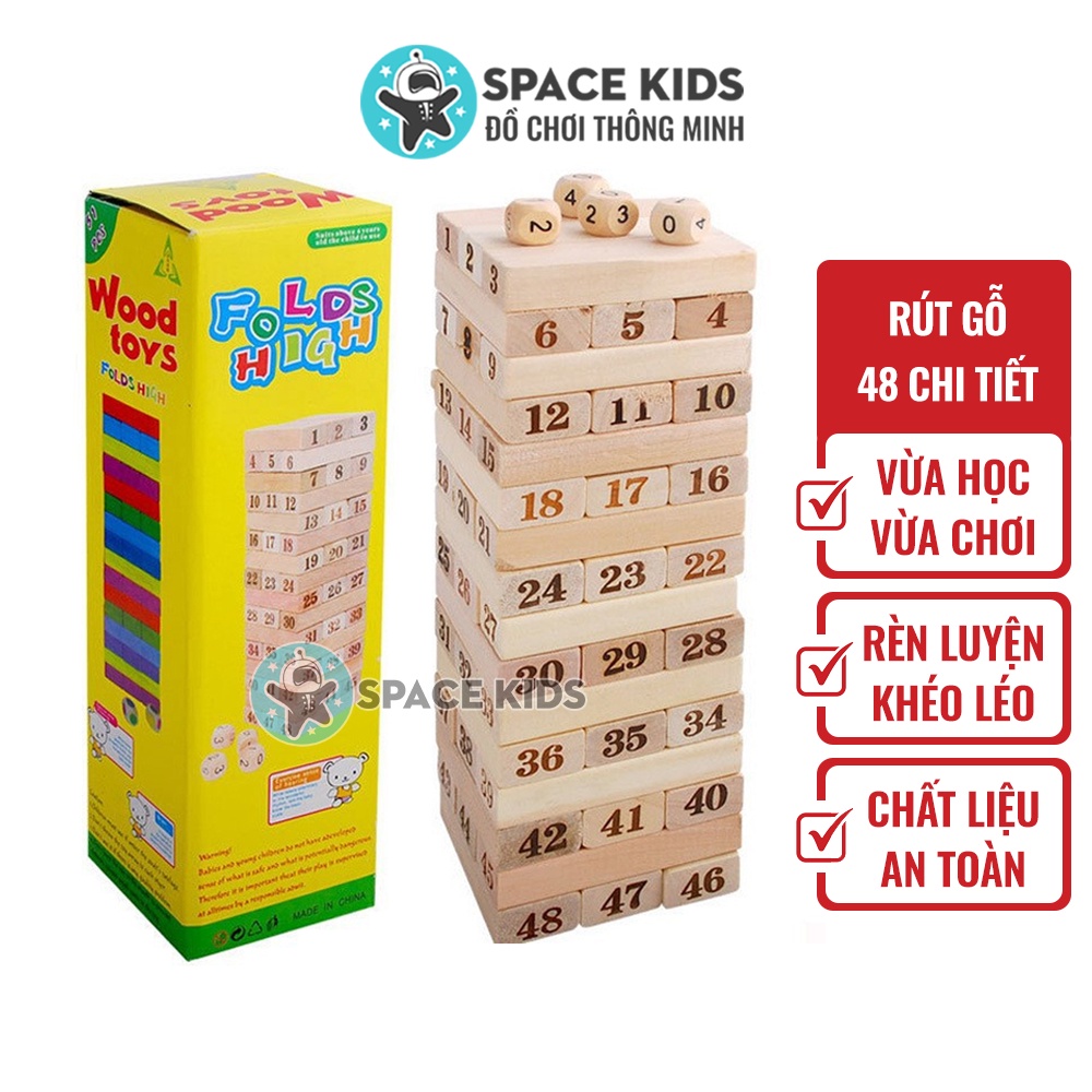 Đồ chơi cho bé Rút gỗ 48 chi tiết in số kèm xúc xắc Space Kids