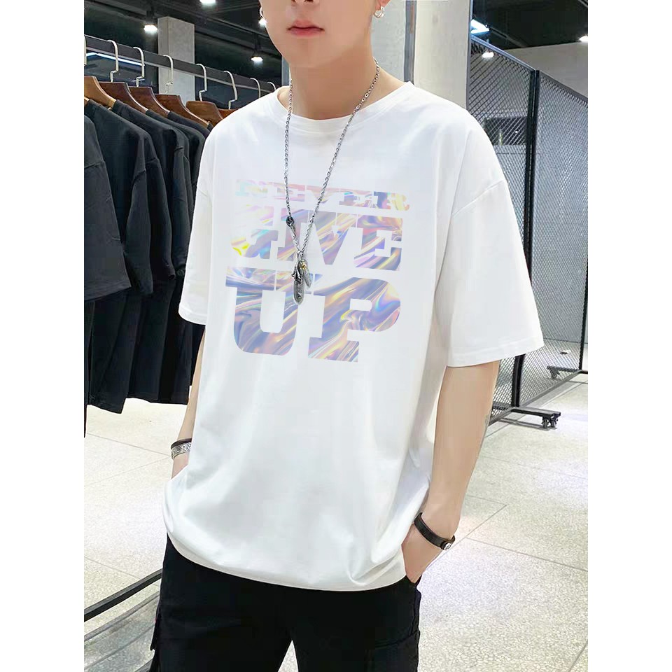 Áo thun unisex tay lỡ Đổi Màu HOLOGRAM Never Give Up Siêu Đẹp - áo phông rộng xuông 2 màu trắng đen