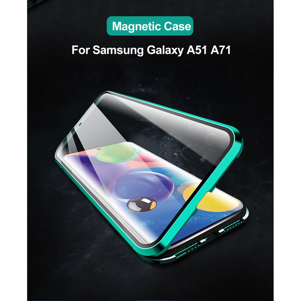 Ốp điện thoại kính cường lực hai mặt hít nam châm viền kim loại thời trang dành cho Samsung Galaxy A51 A71