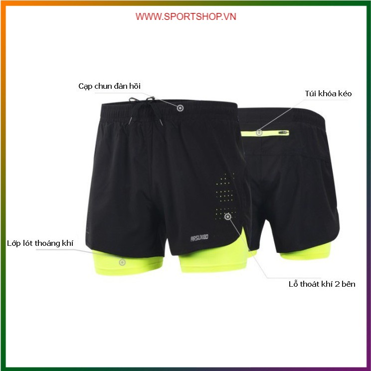 Quần chạy bộ nam ARSUXEO MS01, quần short thể thao 2 lớp (boxer) có túi khóa kéo sau, siêu mềm mại, thoáng khí | BigBuy360 - bigbuy360.vn