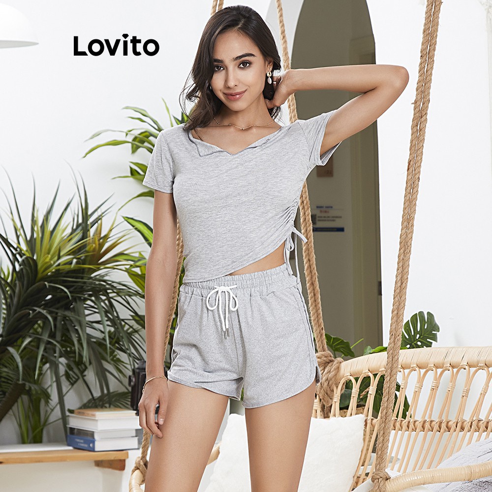 Quần short Lovito lưng dây rút thắt nút màu trơn L02043 (Blue/Gray/Green/Pink)