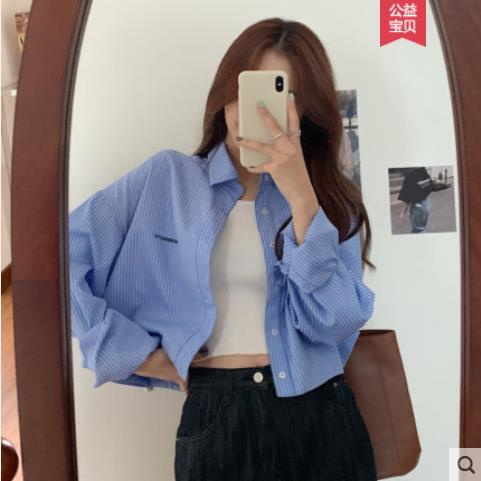 Áo sơ mi lưng cao dáng ngắn thêu họa tiết kẻ sọc dọc thời trang dành cho nữ