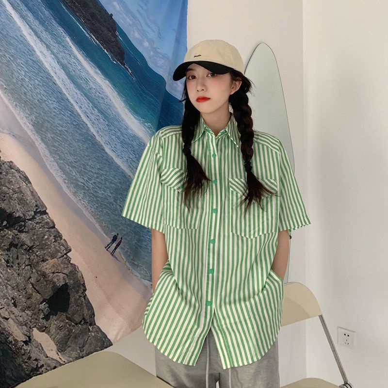 Áo sơ mi IELGY tay ngắn họa tiết kẻ sọc phong cách retro thời trang cho nữ