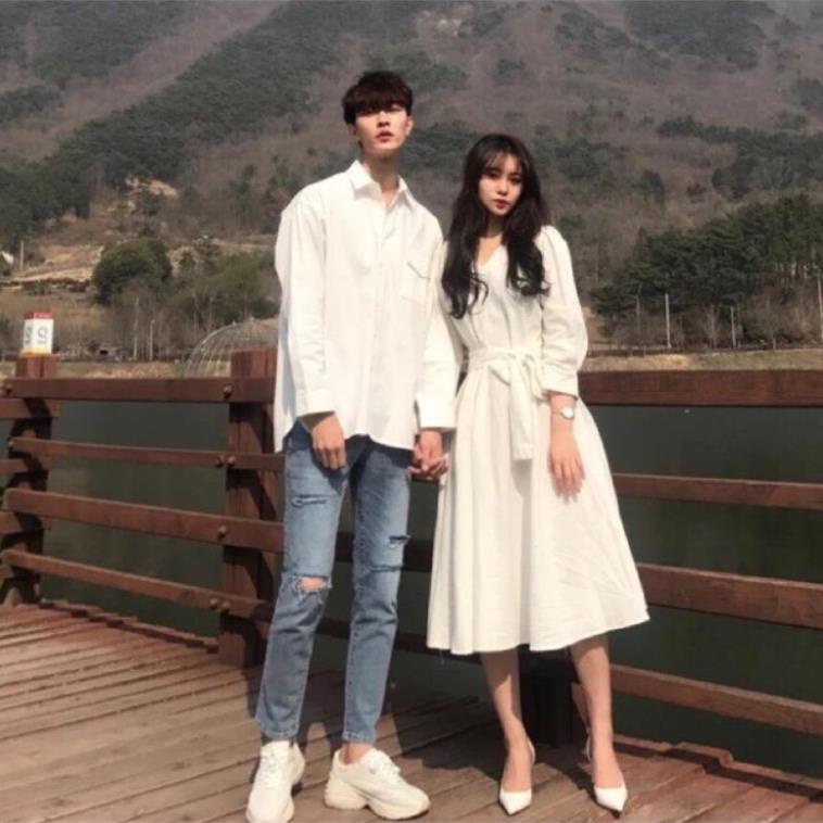 Đồ đôi nam nữ : Váy trắng thắt eo dáng dài + Sơmi nam chụp ảnh đẹp Giá rẻ