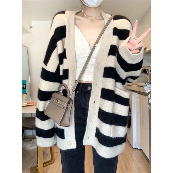Áo Khoác Cardigan Dệt Kim Cổ Chữ V Họa Tiết Kẻ Sọc Màu Sắc Tương Phản Phong Cách Hàn Quốc Thời Trang Mùa Đông Cho Nữ