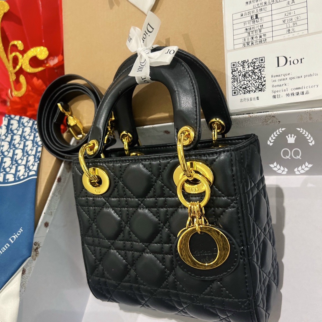 Túi Xách Thời Trang💝💝Mini Lady Dior 3 Ô Super Khóa Vàng Màu Đen Size 17Cm