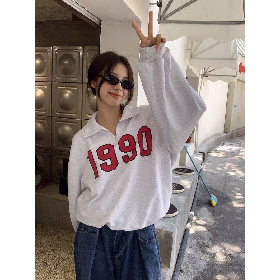 Áo Nỉ Cổ Cao 1990 Xám Xanh Khóa Kéo  Áo Sweater Nữ Polo Có Cổ form rộng tay bồng vintage, hoodie zip Ulzzang Mặc 2 Kiểu