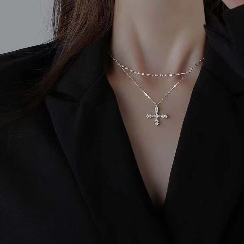 Dây chuyền 2 lớp mặt thánh giá chữ thập đính đá nam nữ