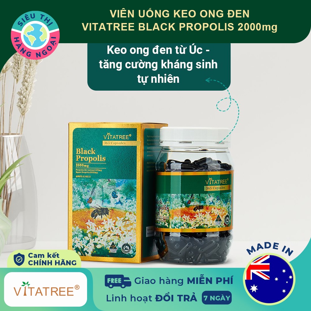 Viên uống tăng cường hệ miễn dịch keo ong đen Vitatree Black Propolis 2000 - Hộp 365 viên